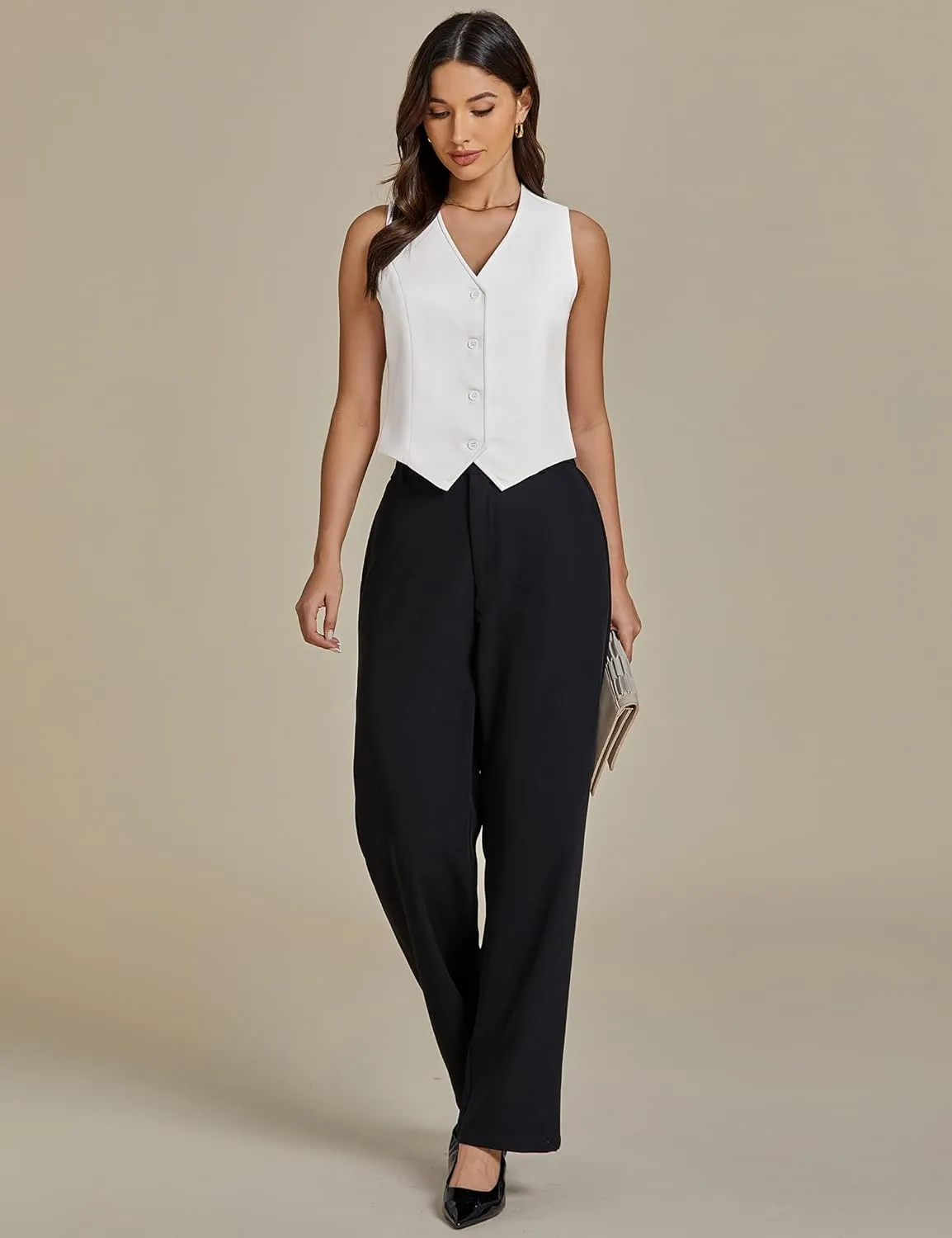luvamia Vest Tops for Women Trendy Fashion Casual Summer Cropped Dressy Suit Vest Button Up Sleeveless Waistcoat Vests