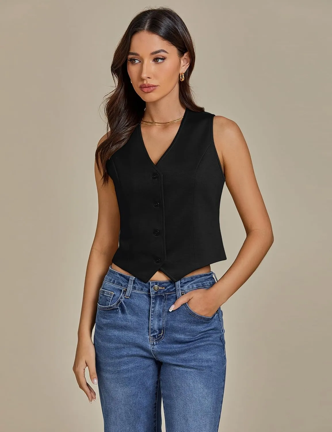 luvamia Vest Tops for Women Trendy Fashion Casual Summer Cropped Dressy Suit Vest Button Up Sleeveless Waistcoat Vests