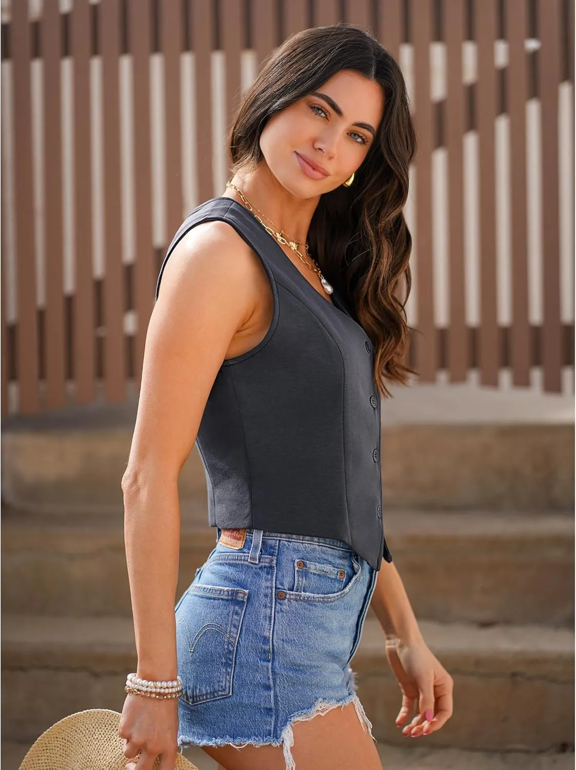 luvamia Vest Tops for Women Trendy Fashion Casual Summer Cropped Dressy Suit Vest Button Up Sleeveless Waistcoat Vests