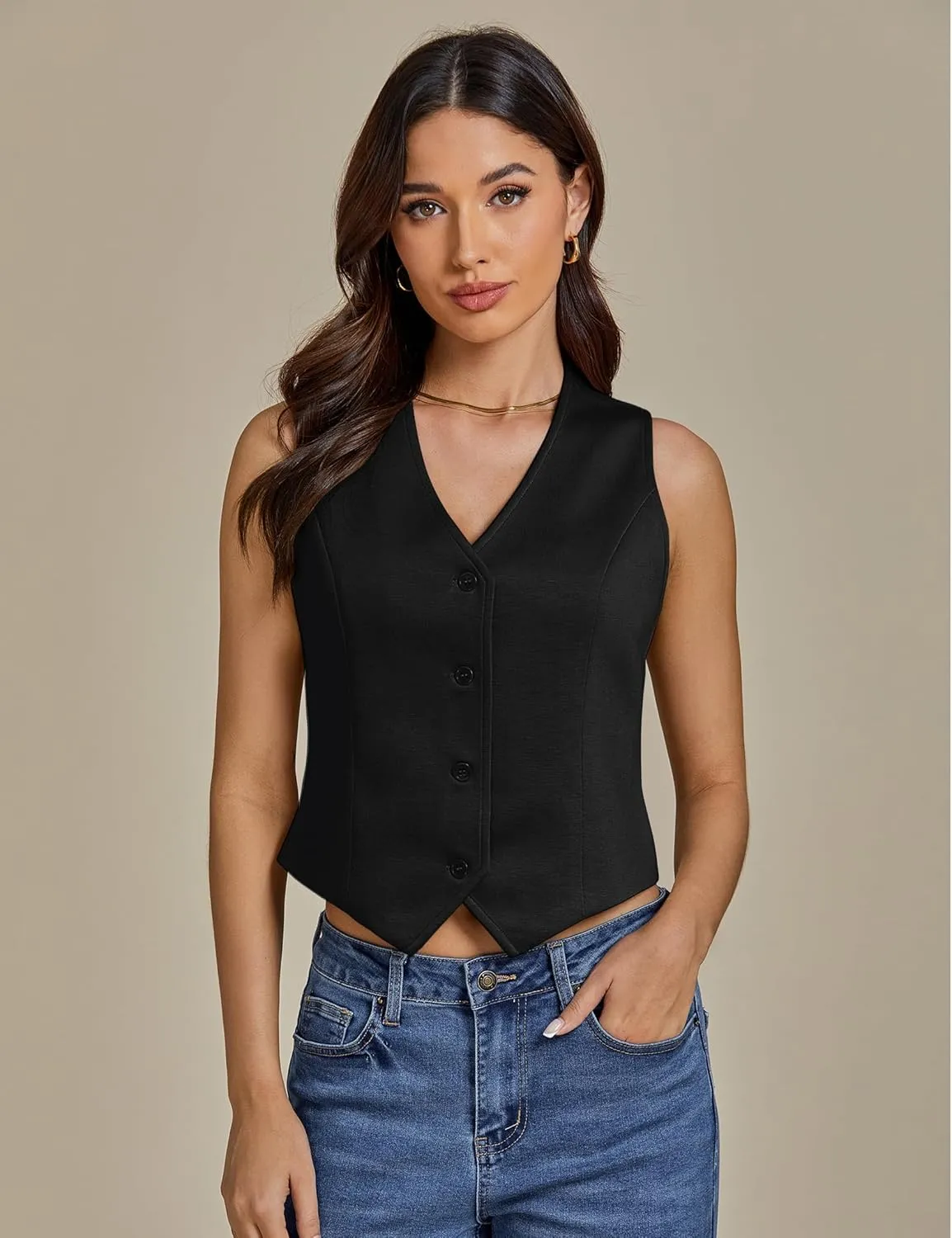 luvamia Vest Tops for Women Trendy Fashion Casual Summer Cropped Dressy Suit Vest Button Up Sleeveless Waistcoat Vests