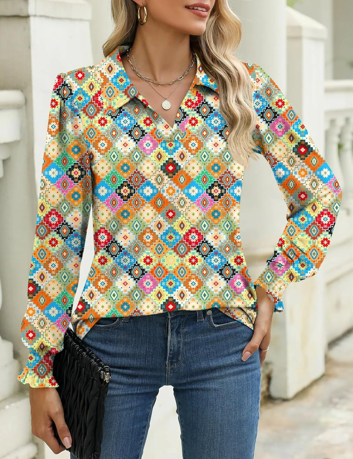 LUYAA Blouses for Women Dressy Casual Long Sleeve Loose Fit Tunic Tops V-Neck Collared Fall Shirts S-XXXL