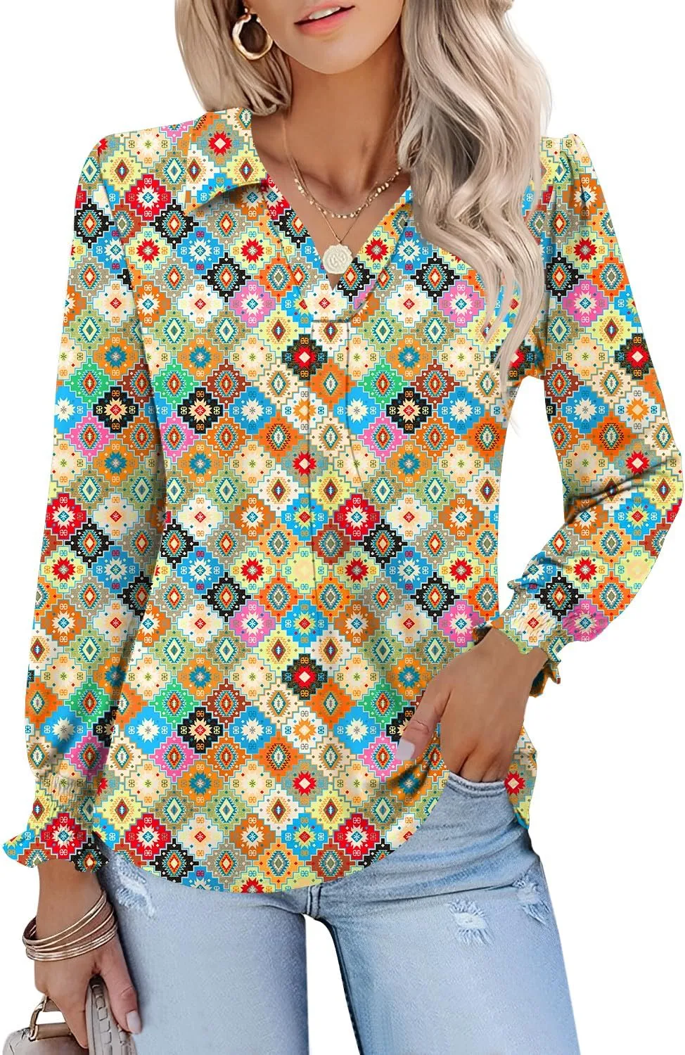 LUYAA Blouses for Women Dressy Casual Long Sleeve Loose Fit Tunic Tops V-Neck Collared Fall Shirts S-XXXL
