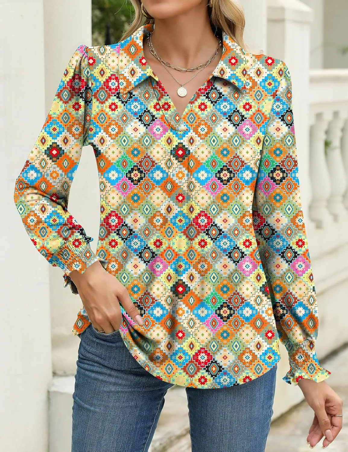 LUYAA Blouses for Women Dressy Casual Long Sleeve Loose Fit Tunic Tops V-Neck Collared Fall Shirts S-XXXL