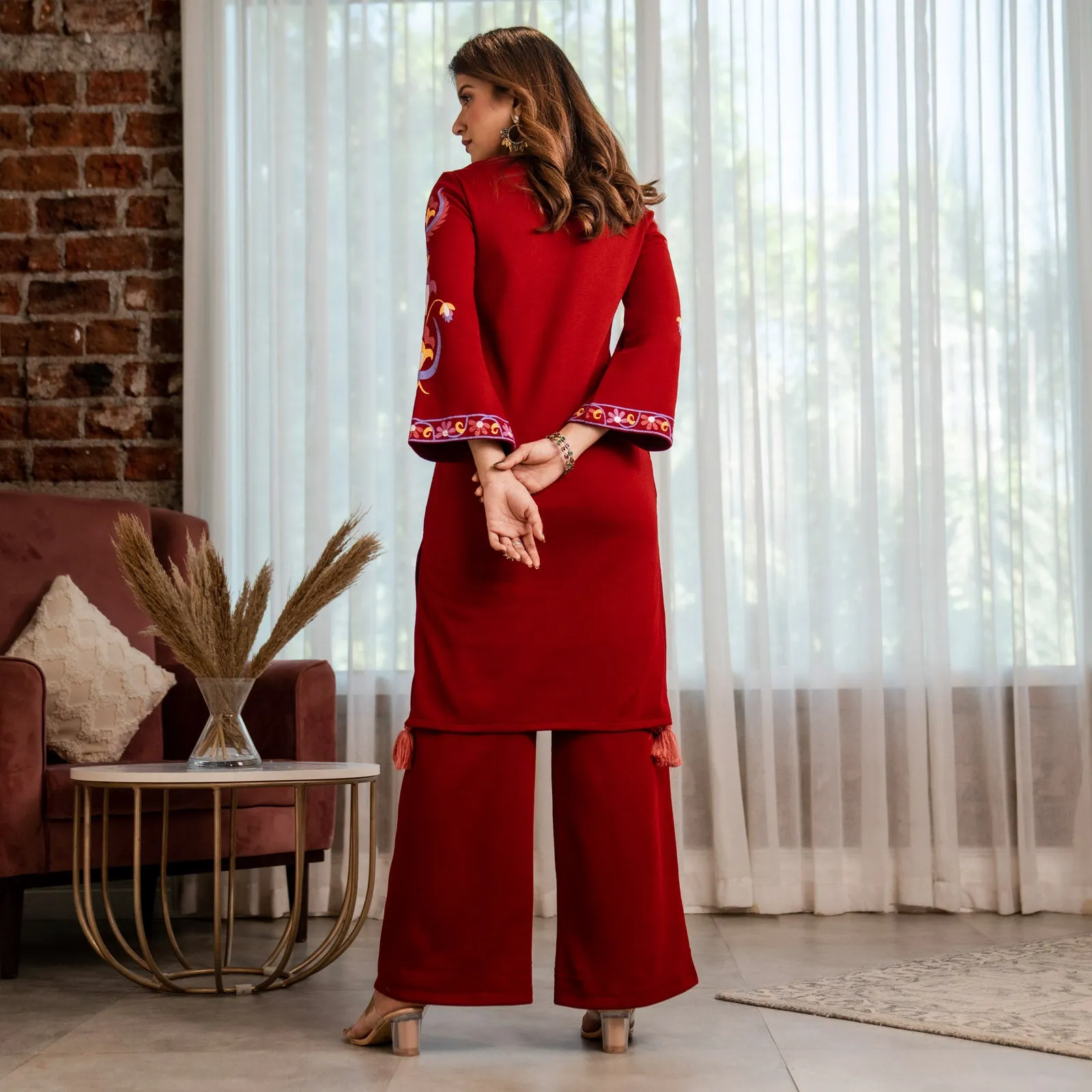 Maroon Acrylic Straight Printed Kurta with Tassel Detailing