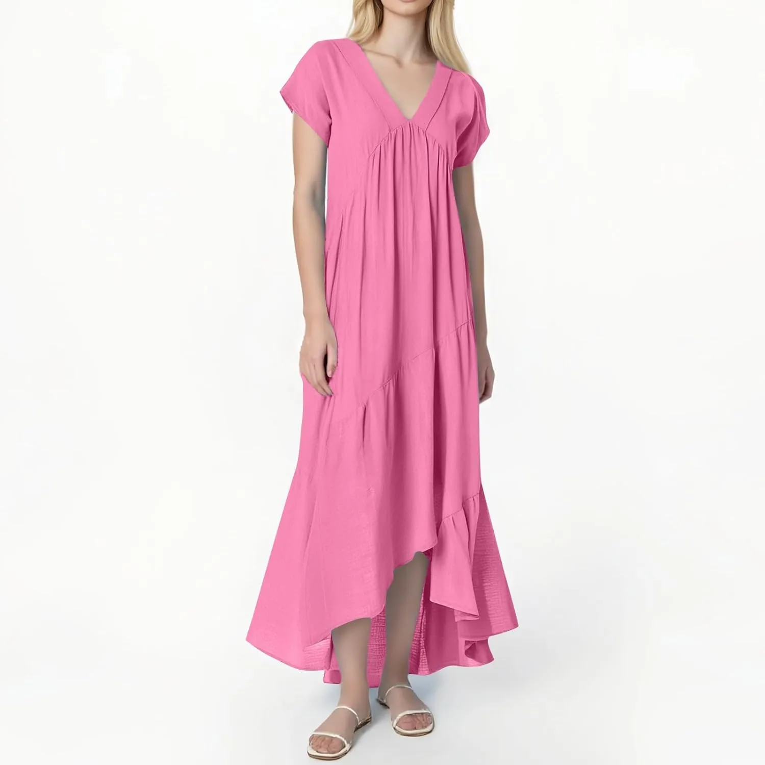 Maxi Cotton Linen Dresses for Women 2025 Summer V-Neck Short Sleeve Asymmetrical Dress Beach Elegant Long Flowy Dress