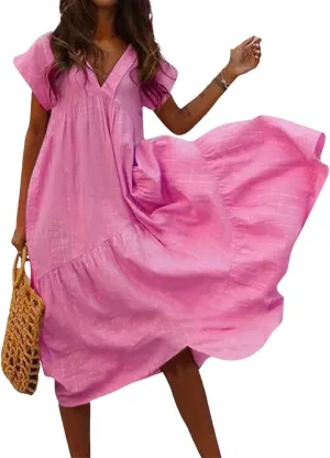 Maxi Cotton Linen Dresses for Women 2025 Summer V-Neck Short Sleeve Asymmetrical Dress Beach Elegant Long Flowy Dress