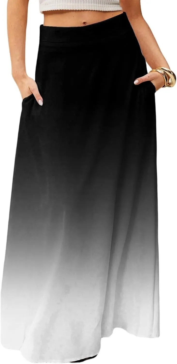 Maxi Floral Skirts for Women Trendy Summer Boho Long Flowy High Elastic Waist Skirts Skorts with Pockets A Line Skirt