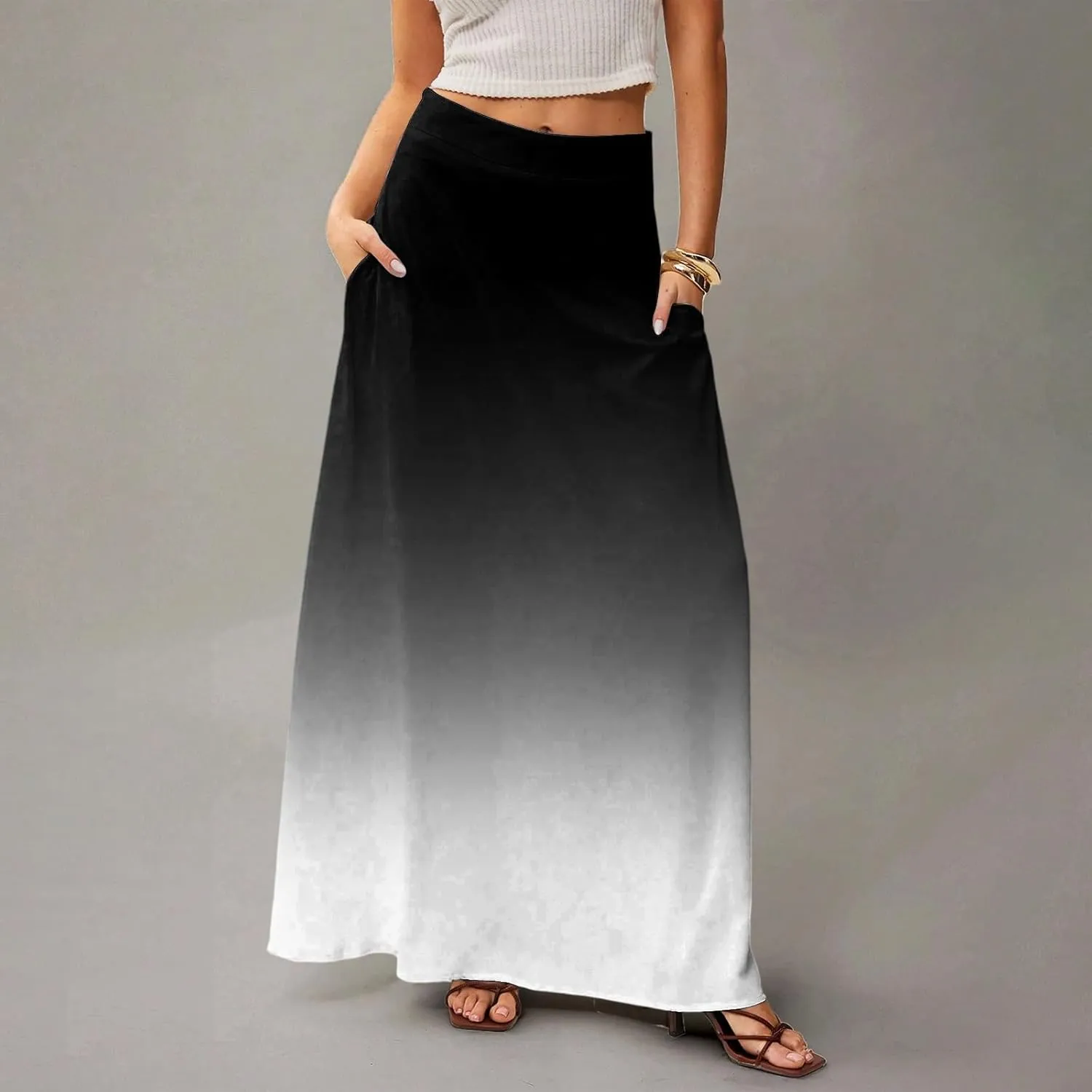 Maxi Floral Skirts for Women Trendy Summer Boho Long Flowy High Elastic Waist Skirts Skorts with Pockets A Line Skirt