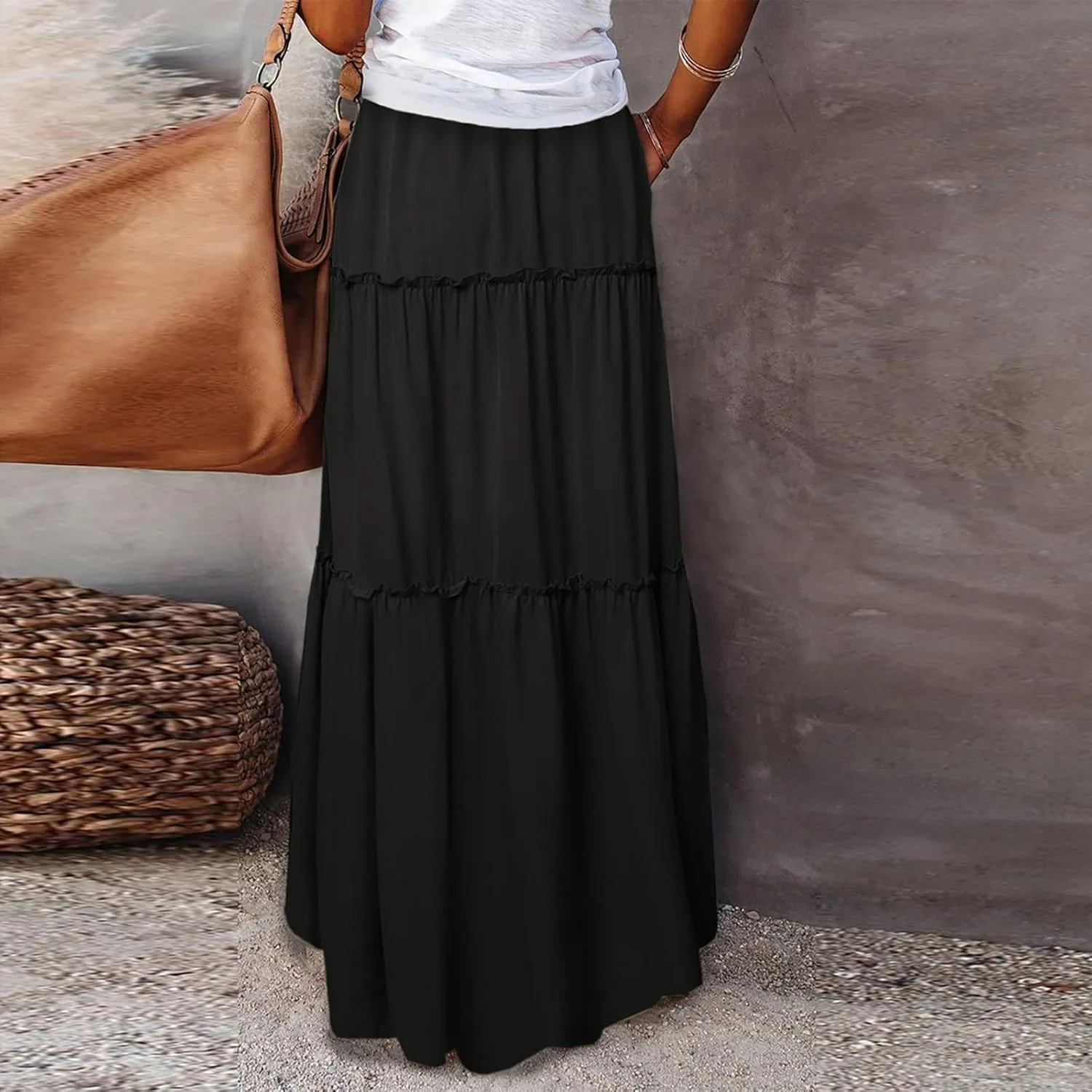 Maxi Solid Skirts for Women High Waisted Tiered Skirt A Line Pleated Swing Tie Front Flowy Long Skirt with Pockets