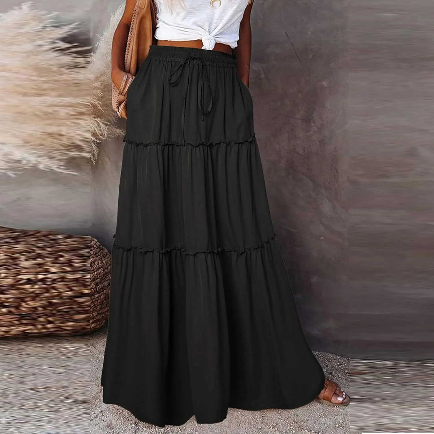 Maxi Solid Skirts for Women High Waisted Tiered Skirt A Line Pleated Swing Tie Front Flowy Long Skirt with Pockets