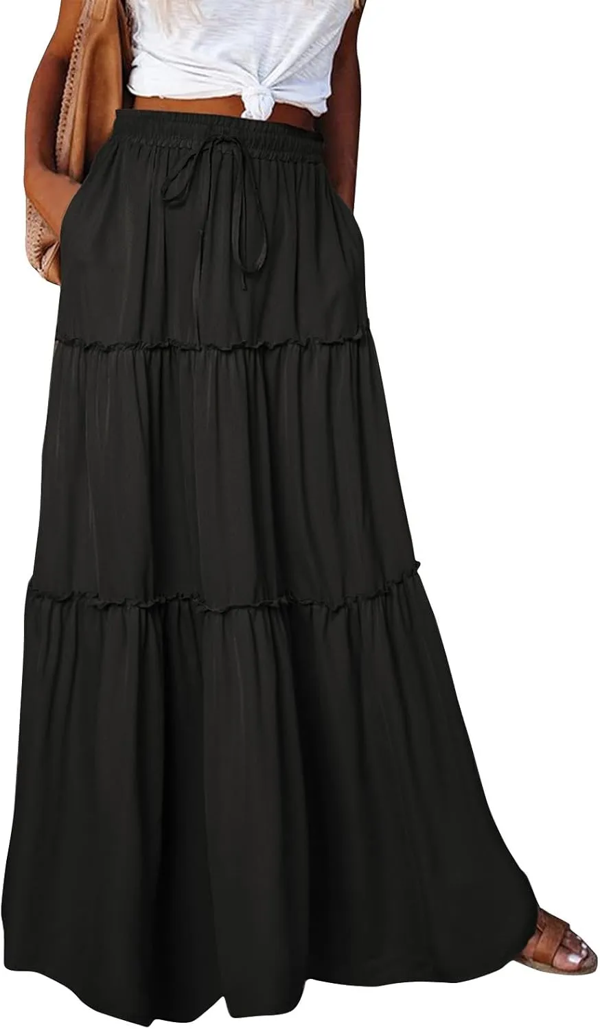 Maxi Solid Skirts for Women High Waisted Tiered Skirt A Line Pleated Swing Tie Front Flowy Long Skirt with Pockets