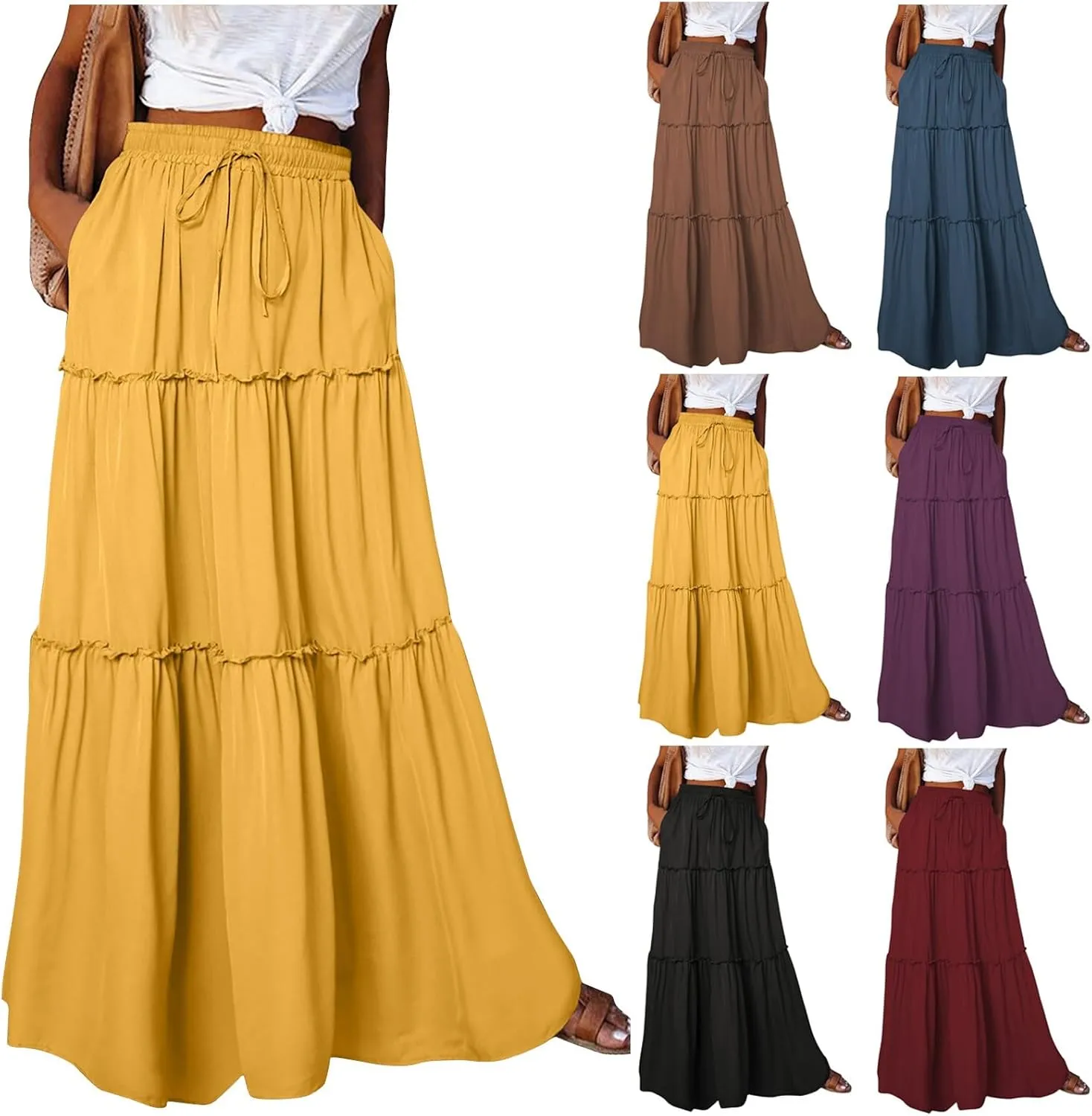 Maxi Solid Skirts for Women High Waisted Tiered Skirt A Line Pleated Swing Tie Front Flowy Long Skirt with Pockets