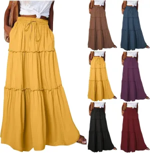 Maxi Solid Skirts for Women High Waisted Tiered Skirt A Line Pleated Swing Tie Front Flowy Long Skirt with Pockets