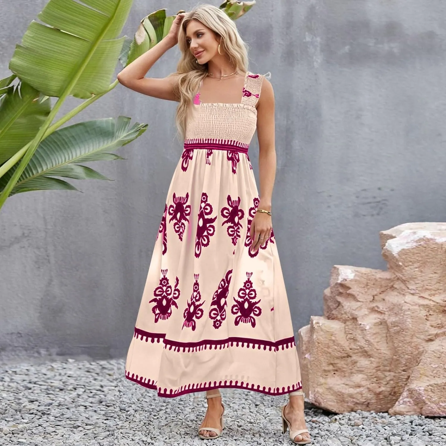 Maxi Sundress Boho Summer Beach Vacation Loose Sleeveless Smocked Empire Waist A Line Dress Casual Long Flowy Dresses