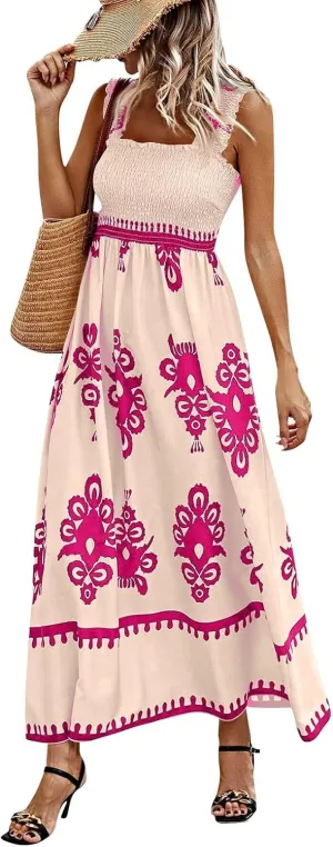 Maxi Sundress Boho Summer Beach Vacation Loose Sleeveless Smocked Empire Waist A Line Dress Casual Long Flowy Dresses