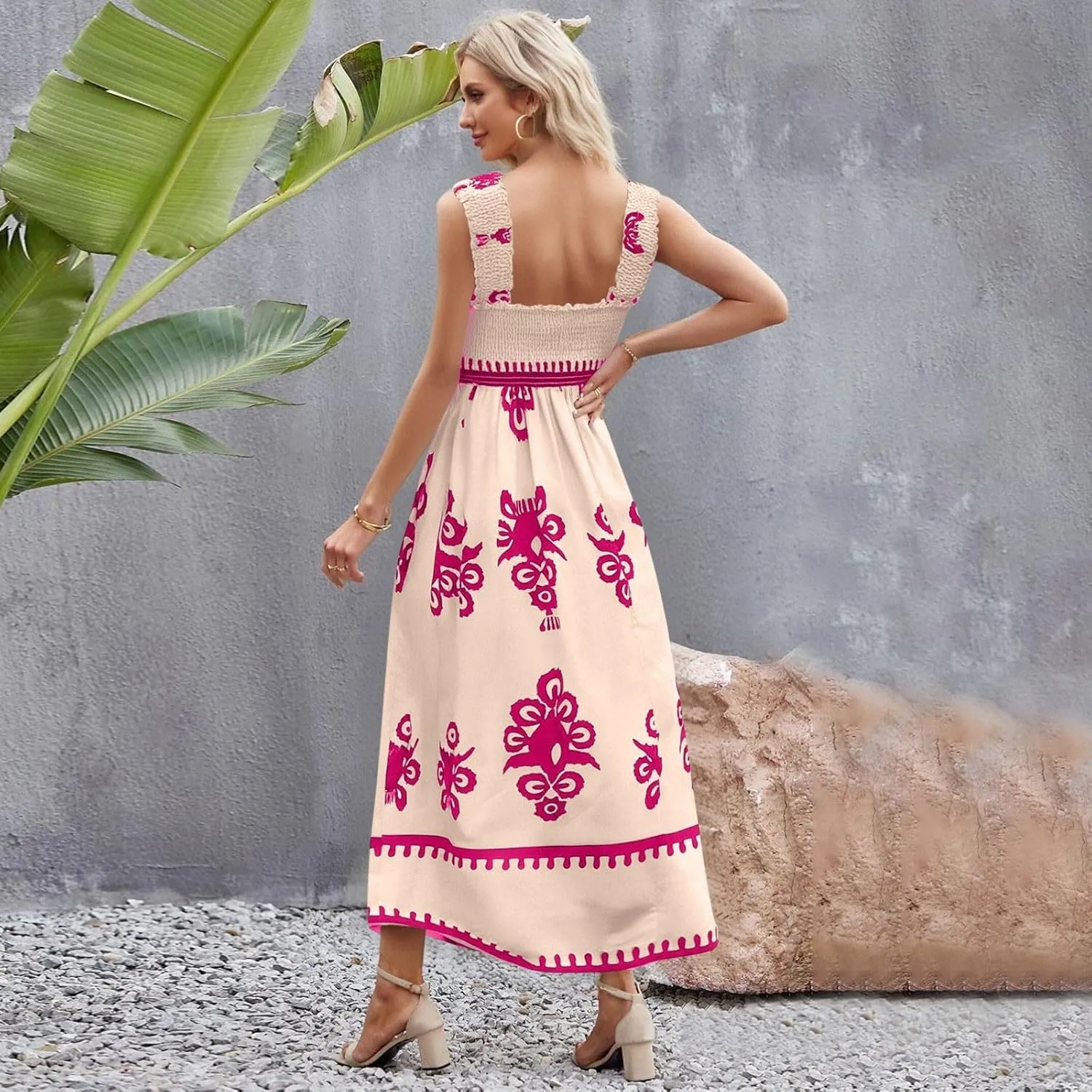 Maxi Sundress Boho Summer Beach Vacation Loose Sleeveless Smocked Empire Waist A Line Dress Casual Long Flowy Dresses