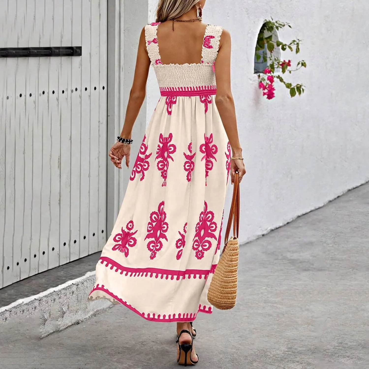 Maxi Sundress Boho Summer Beach Vacation Loose Sleeveless Smocked Empire Waist A Line Dress Casual Long Flowy Dresses