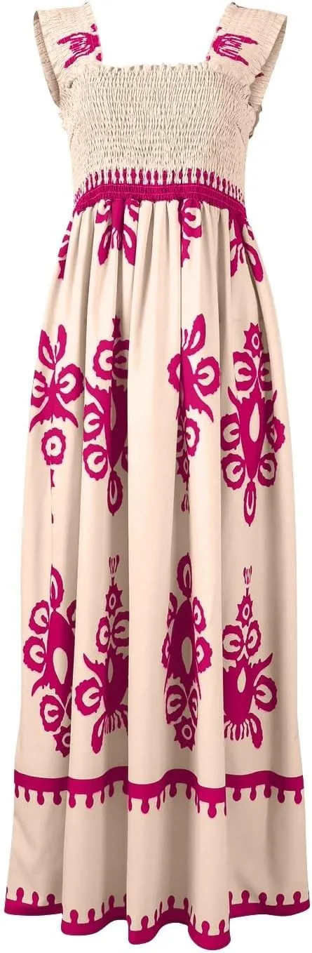 Maxi Sundress Boho Summer Beach Vacation Loose Sleeveless Smocked Empire Waist A Line Dress Casual Long Flowy Dresses