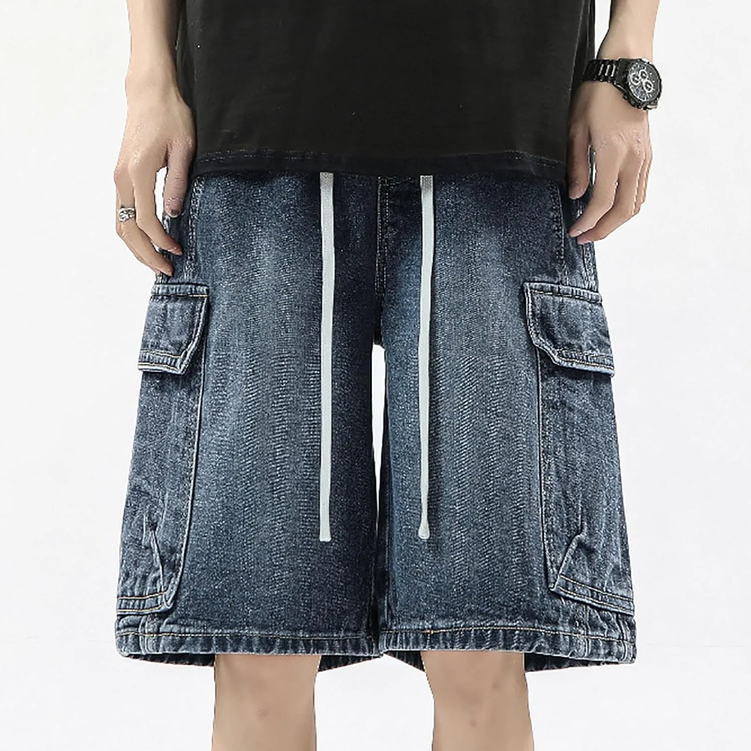 Men Y2K Grunge Baggy Jean Shorts Casual Summer Hip Hop Mid Loose Denim Shorts Streetwear