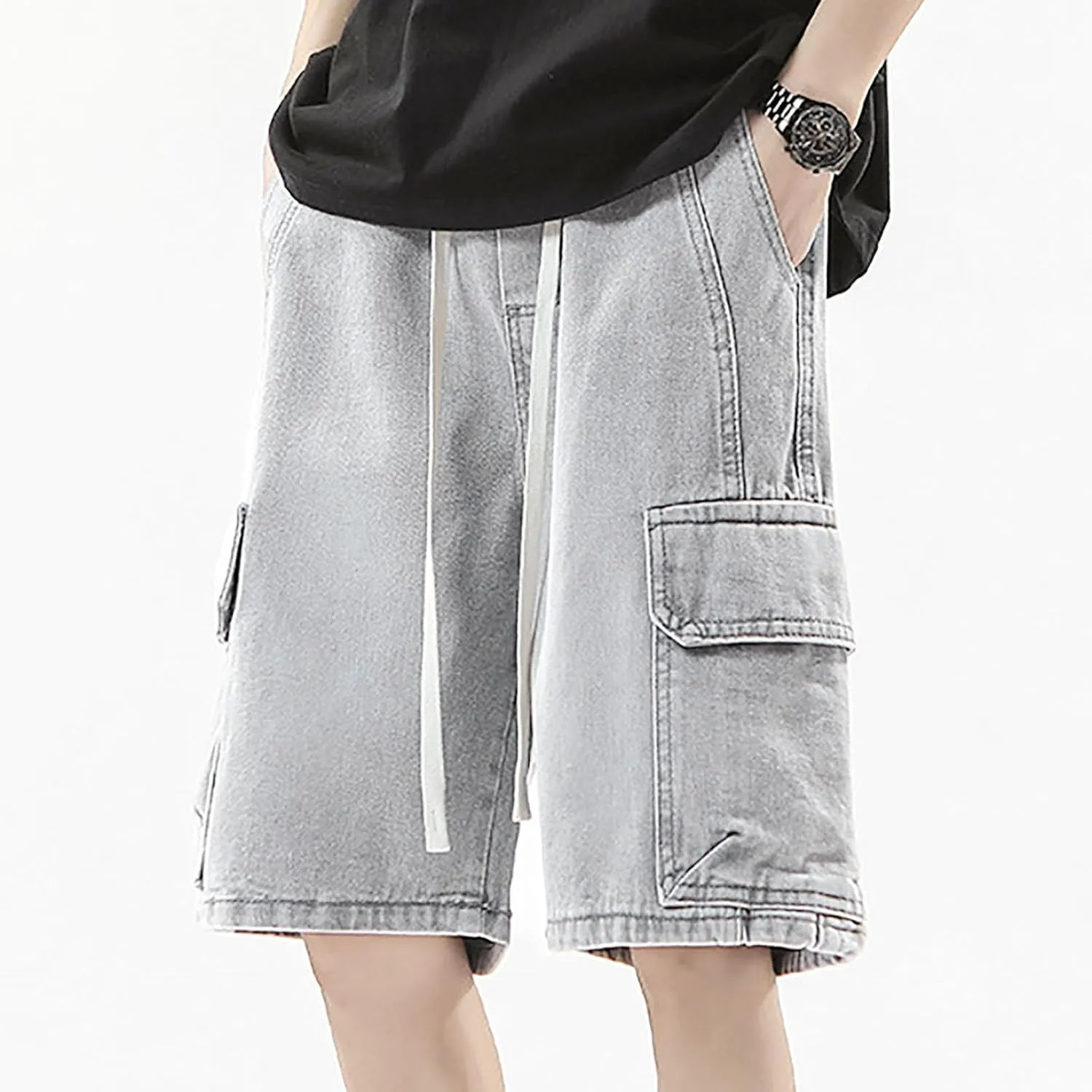 Men Y2K Grunge Baggy Jean Shorts Casual Summer Hip Hop Mid Loose Denim Shorts Streetwear