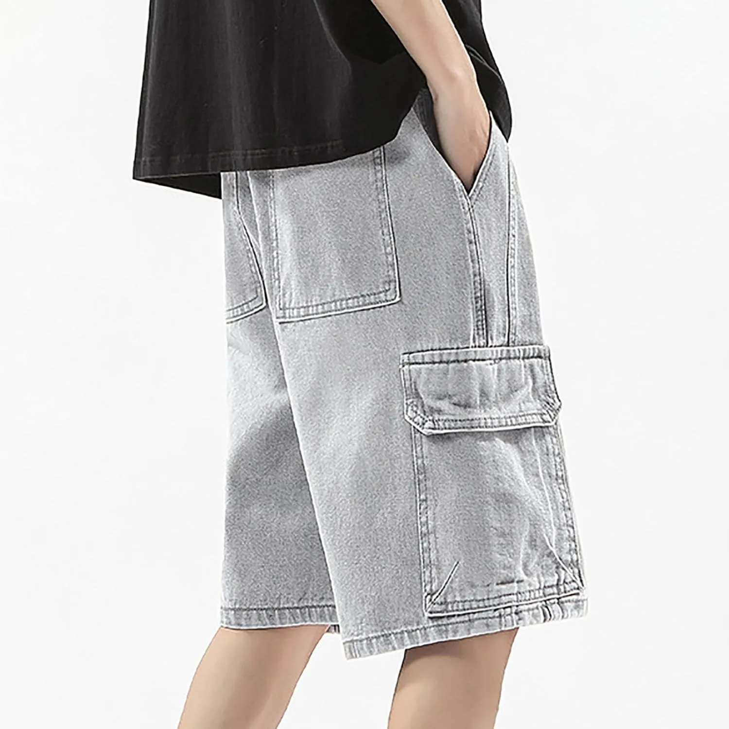 Men Y2K Grunge Baggy Jean Shorts Casual Summer Hip Hop Mid Loose Denim Shorts Streetwear