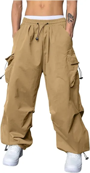 Men's Cargo Pants Casual Loose Fit Wide Leg Drawstring Waist Pant Outdoor Pants Multi Pockets