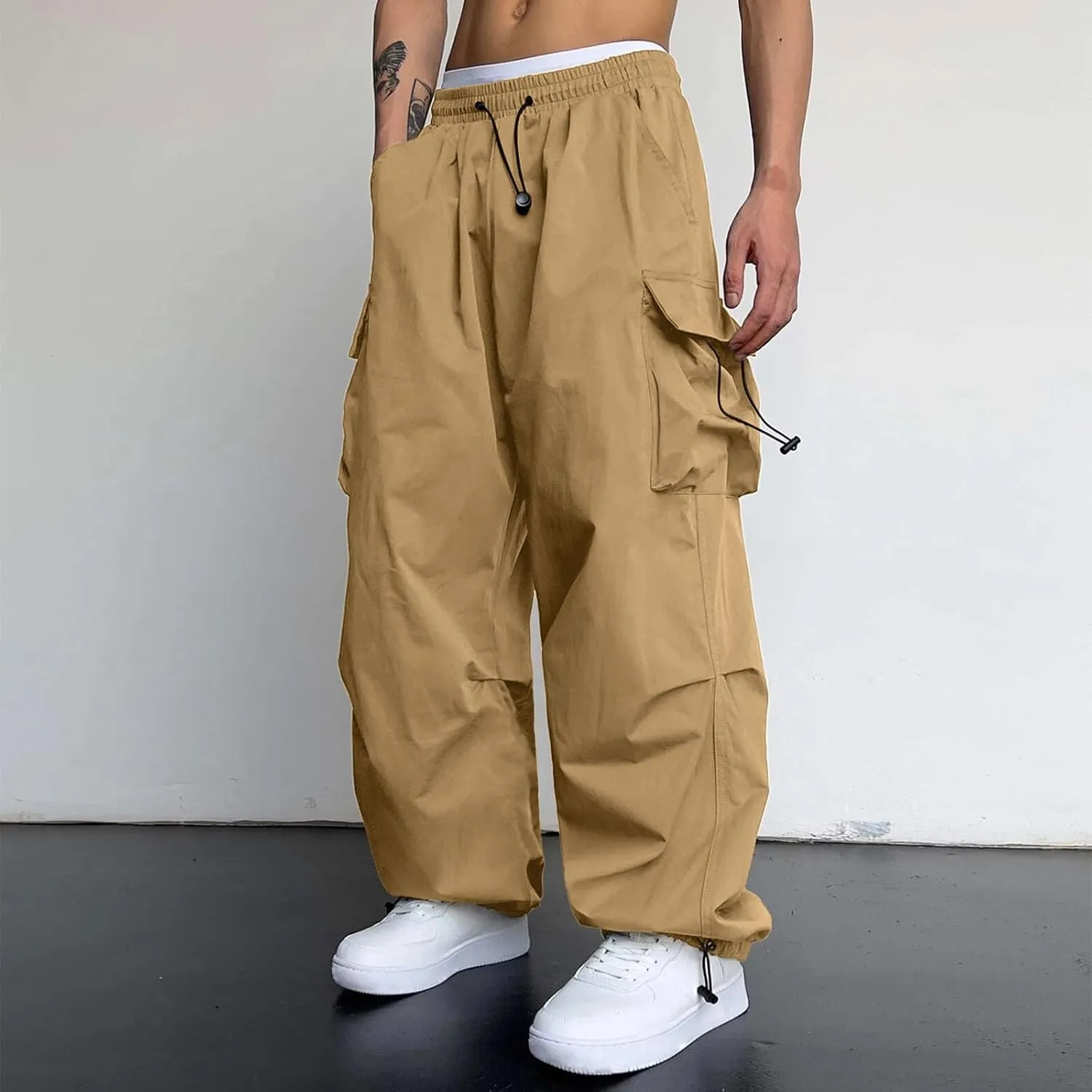 Men's Cargo Pants Casual Loose Fit Wide Leg Drawstring Waist Pant Outdoor Pants Multi Pockets