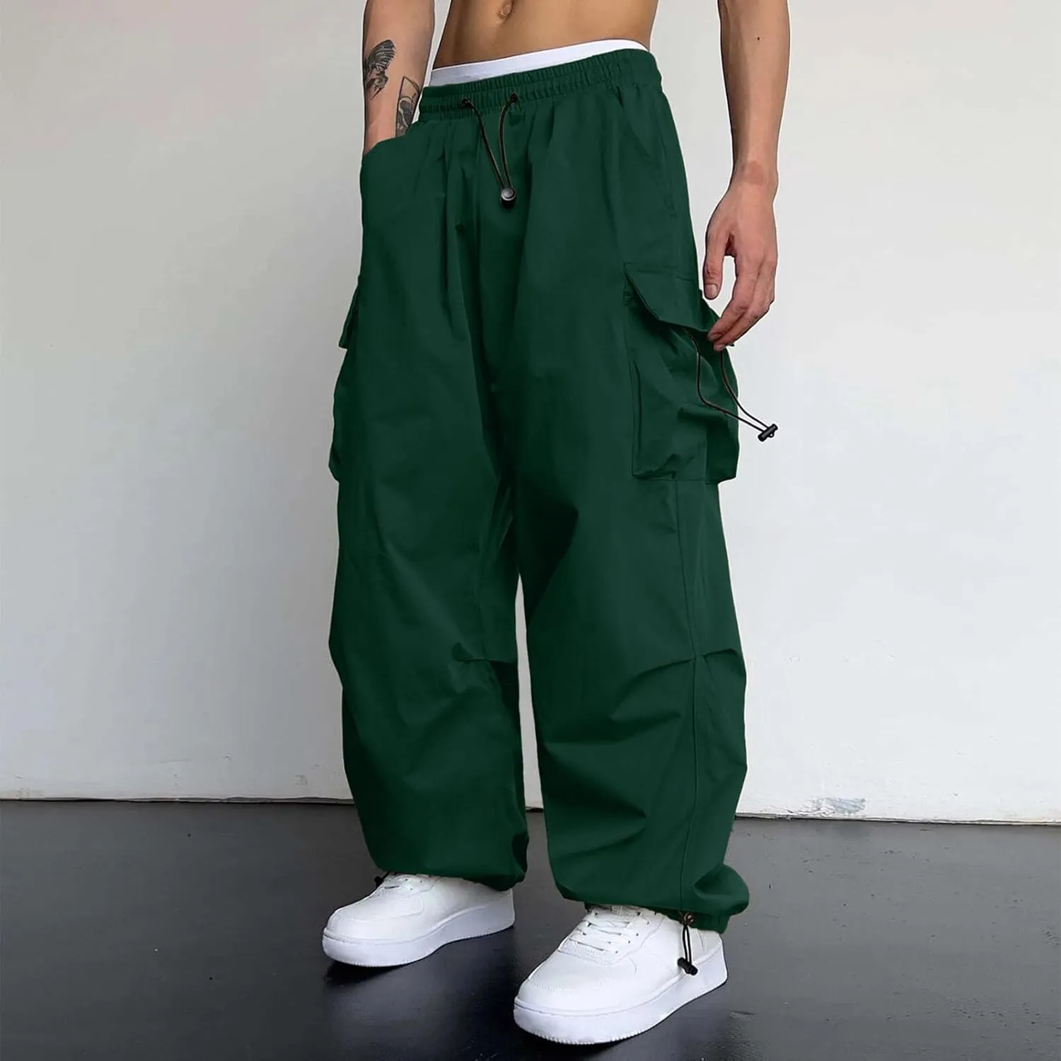 Men's Cargo Pants Casual Loose Fit Wide Leg Drawstring Waist Pant Outdoor Pants Multi Pockets