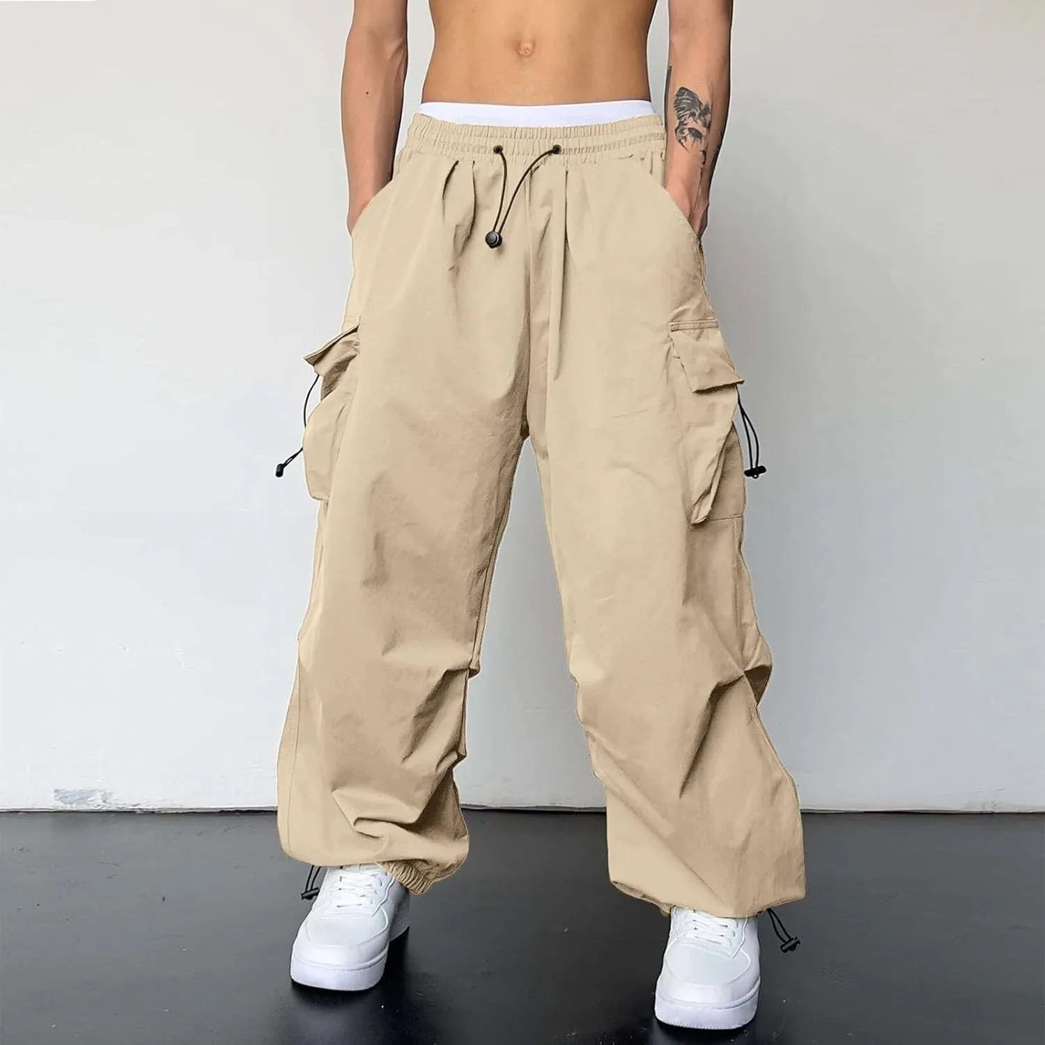 Men's Cargo Pants Casual Loose Fit Wide Leg Drawstring Waist Pant Outdoor Pants Multi Pockets