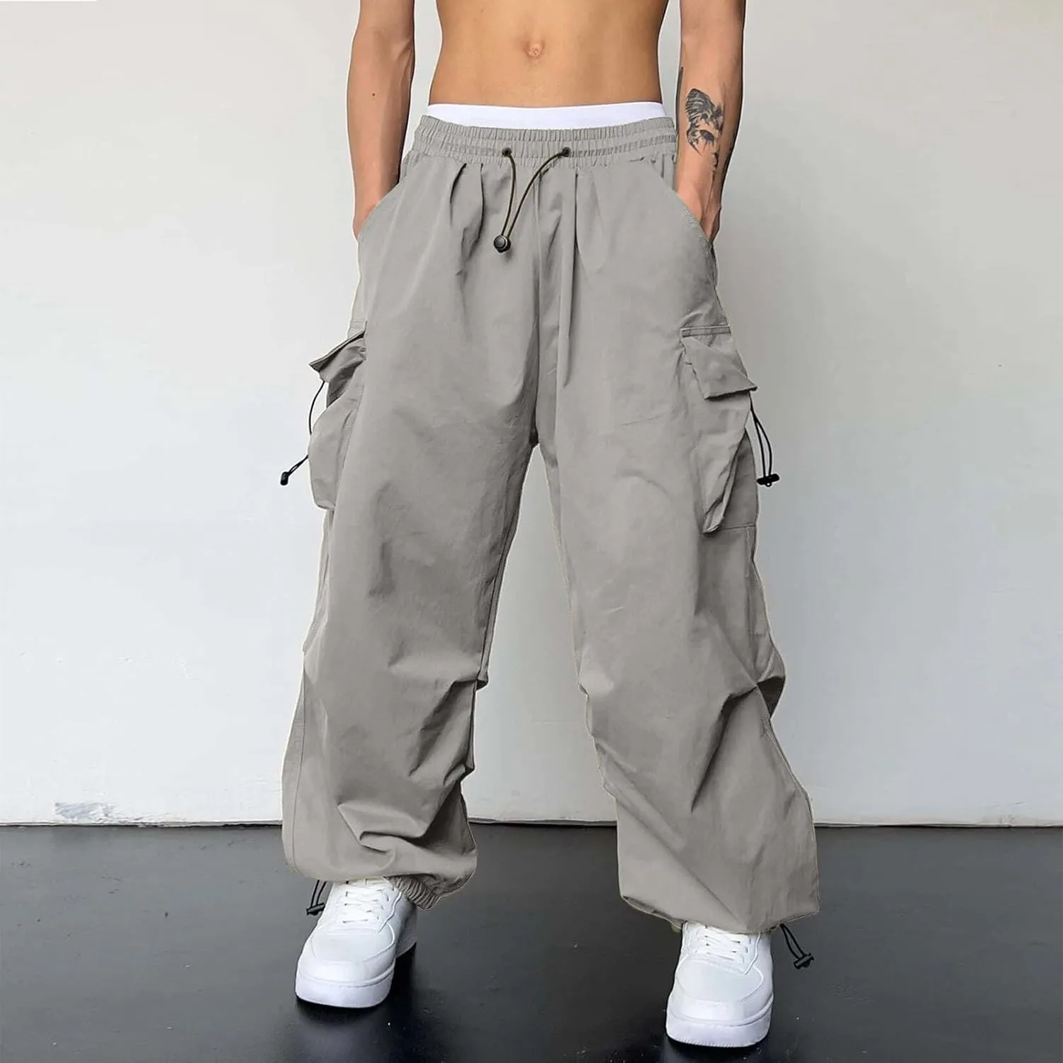 Men's Cargo Pants Casual Loose Fit Wide Leg Drawstring Waist Pant Outdoor Pants Multi Pockets