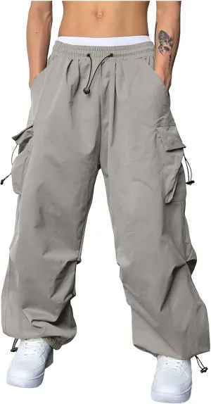 Men's Cargo Pants Casual Loose Fit Wide Leg Drawstring Waist Pant Outdoor Pants Multi Pockets