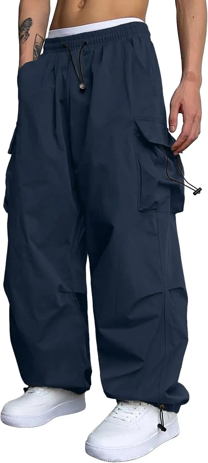 Men's Cargo Pants Casual Loose Fit Wide Leg Drawstring Waist Pant Outdoor Pants Multi Pockets