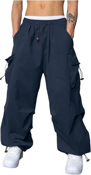Men's Cargo Pants Casual Loose Fit Wide Leg Drawstring Waist Pant Outdoor Pants Multi Pockets
