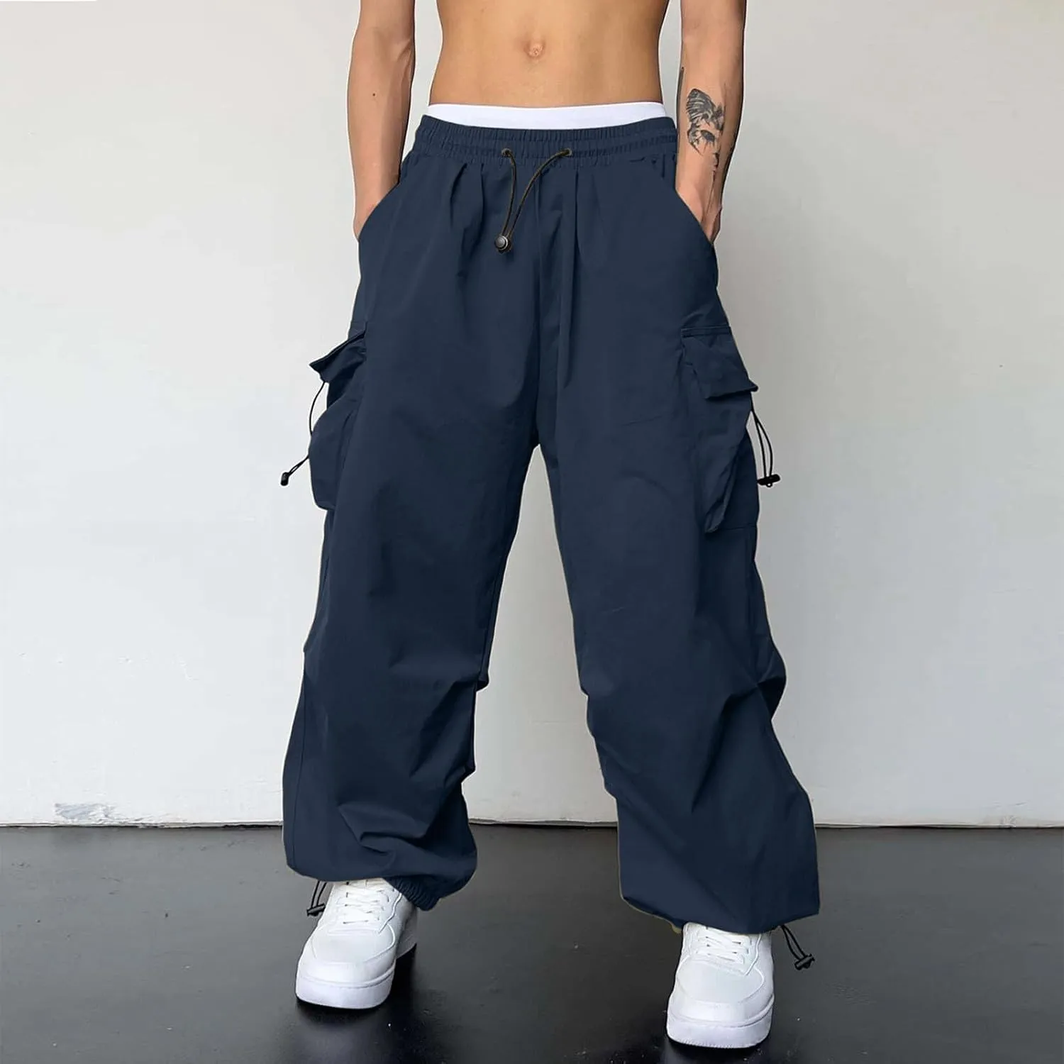 Men's Cargo Pants Casual Loose Fit Wide Leg Drawstring Waist Pant Outdoor Pants Multi Pockets