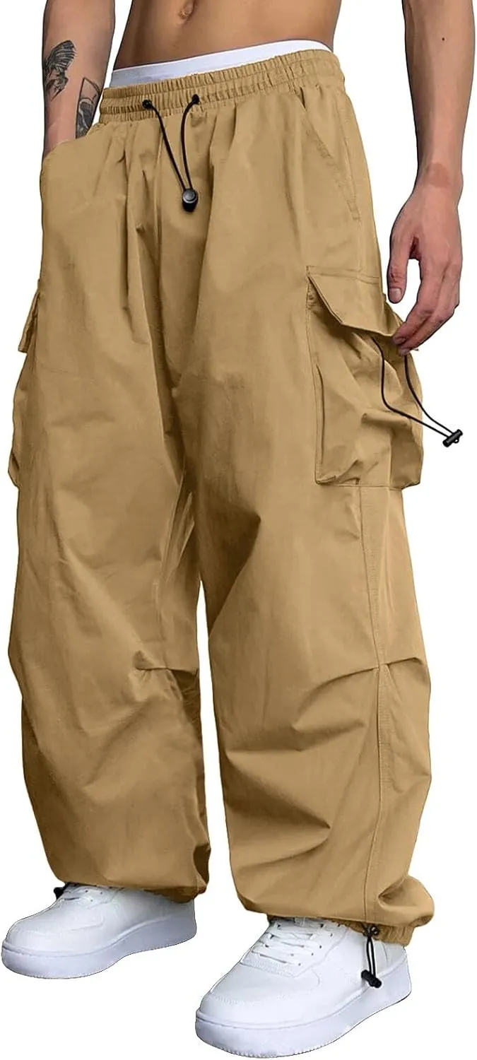 Men's Cargo Pants Casual Loose Fit Wide Leg Drawstring Waist Pant Outdoor Pants Multi Pockets
