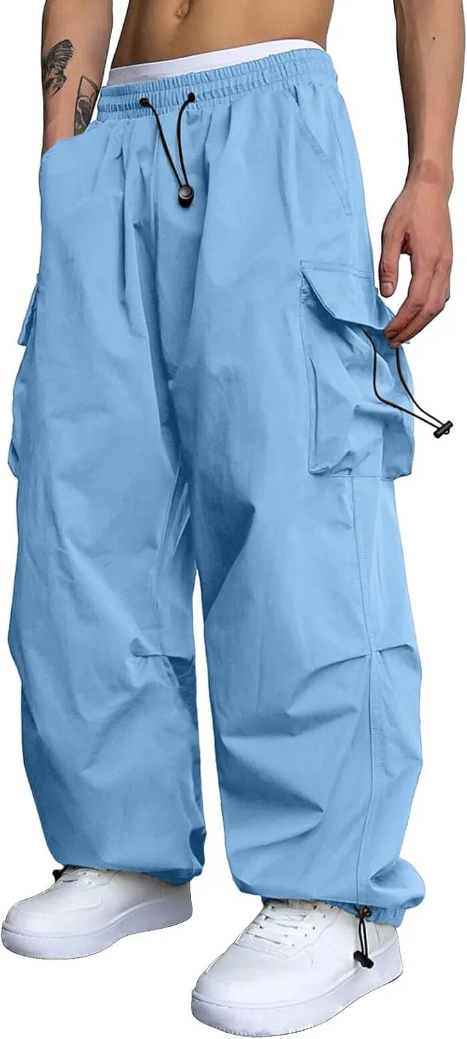 Men's Cargo Pants Casual Loose Fit Wide Leg Drawstring Waist Pant Outdoor Pants Multi Pockets
