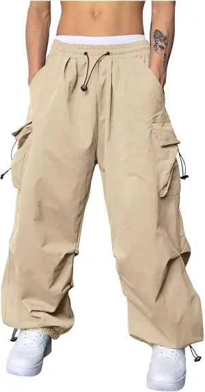 Men's Cargo Pants Casual Loose Fit Wide Leg Drawstring Waist Pant Outdoor Pants Multi Pockets