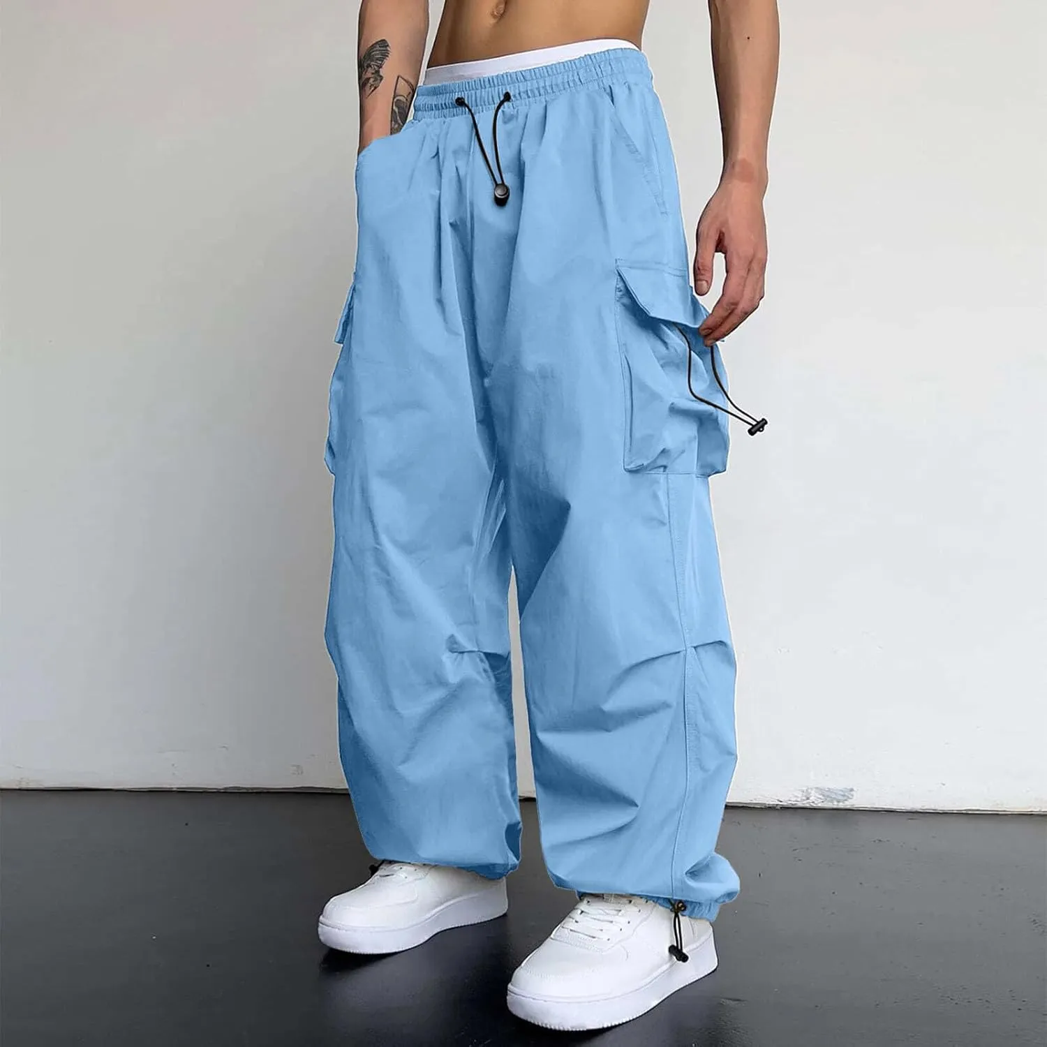 Men's Cargo Pants Casual Loose Fit Wide Leg Drawstring Waist Pant Outdoor Pants Multi Pockets