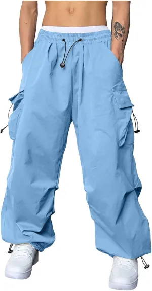 Men's Cargo Pants Casual Loose Fit Wide Leg Drawstring Waist Pant Outdoor Pants Multi Pockets