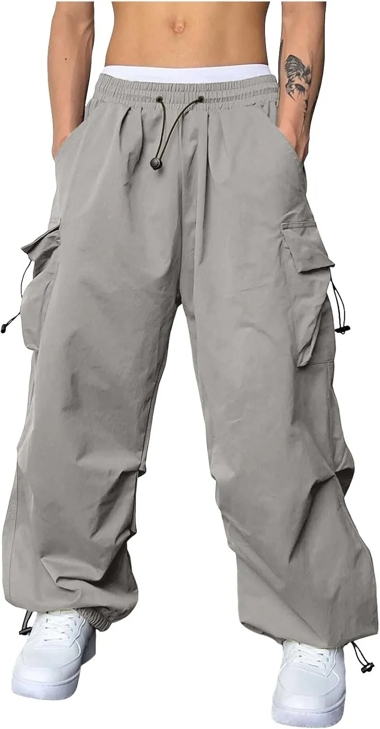 Men's Cargo Pants Casual Loose Fit Wide Leg Drawstring Waist Pant Outdoor Pants Multi Pockets
