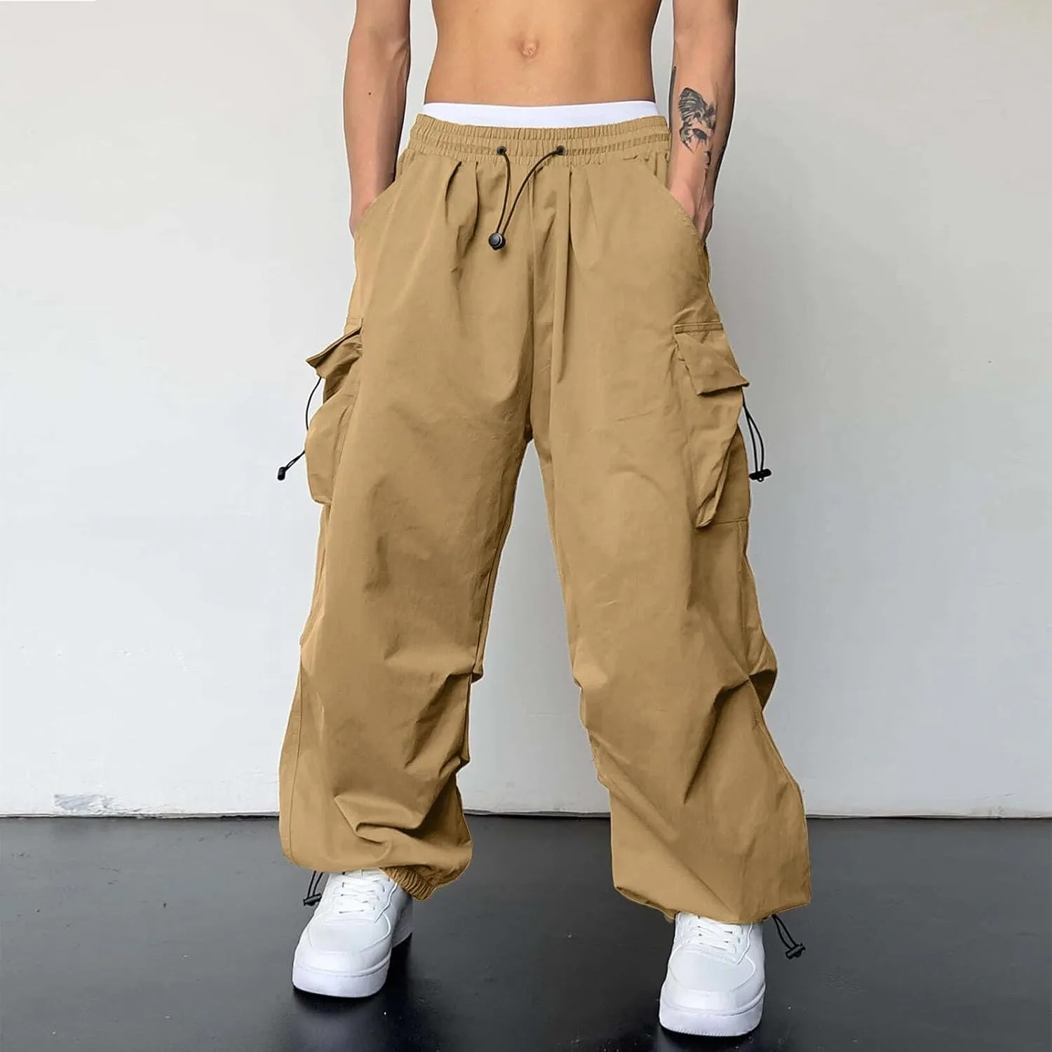 Men's Cargo Pants Casual Loose Fit Wide Leg Drawstring Waist Pant Outdoor Pants Multi Pockets