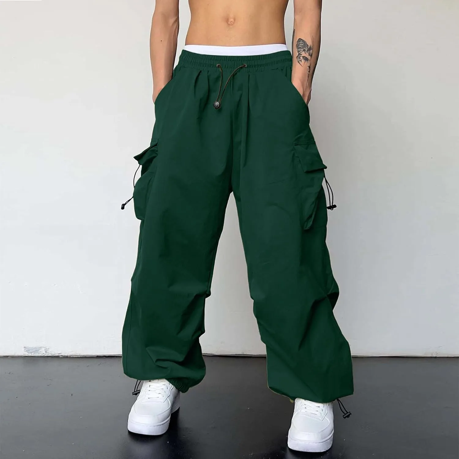 Men's Cargo Pants Casual Loose Fit Wide Leg Drawstring Waist Pant Outdoor Pants Multi Pockets