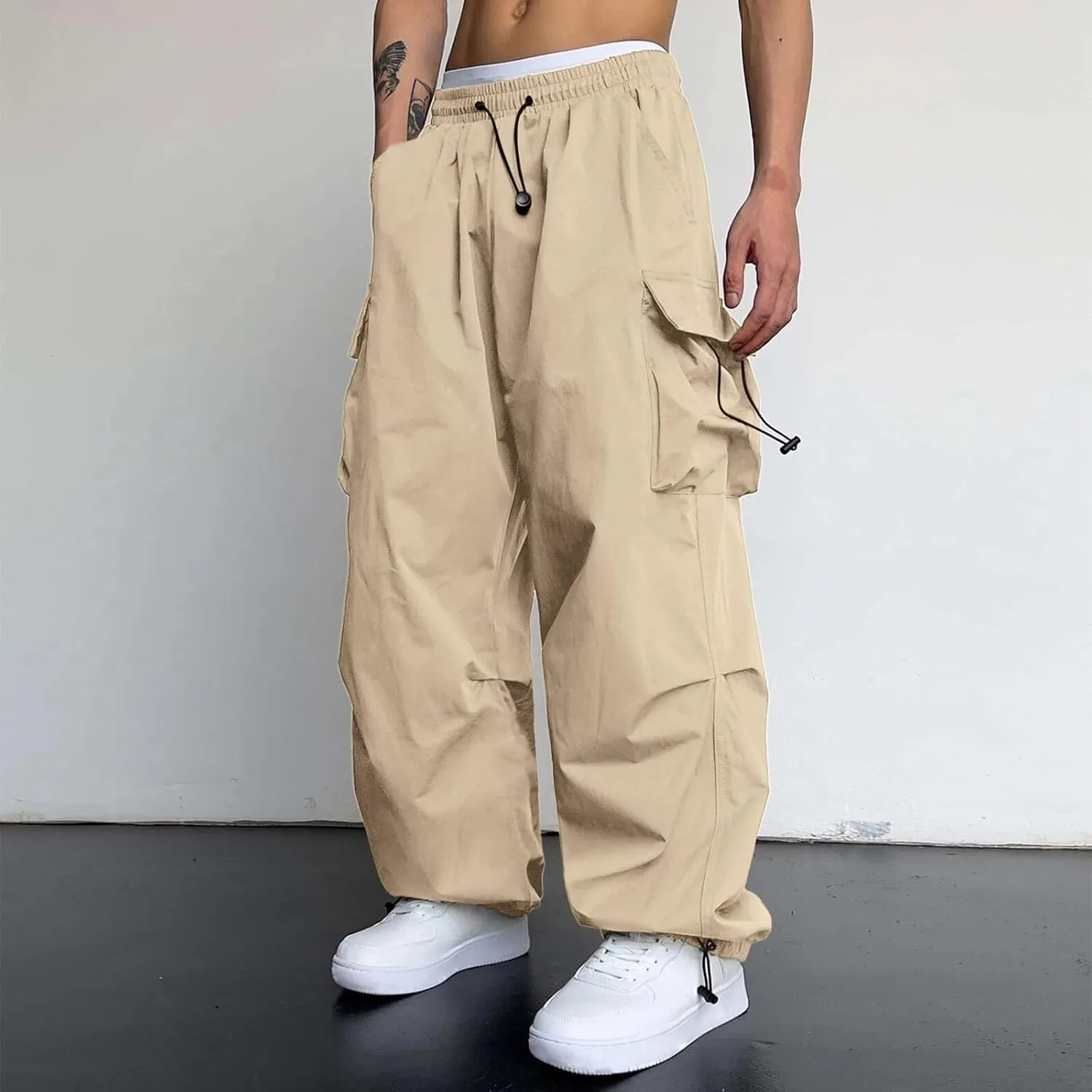 Men's Cargo Pants Casual Loose Fit Wide Leg Drawstring Waist Pant Outdoor Pants Multi Pockets