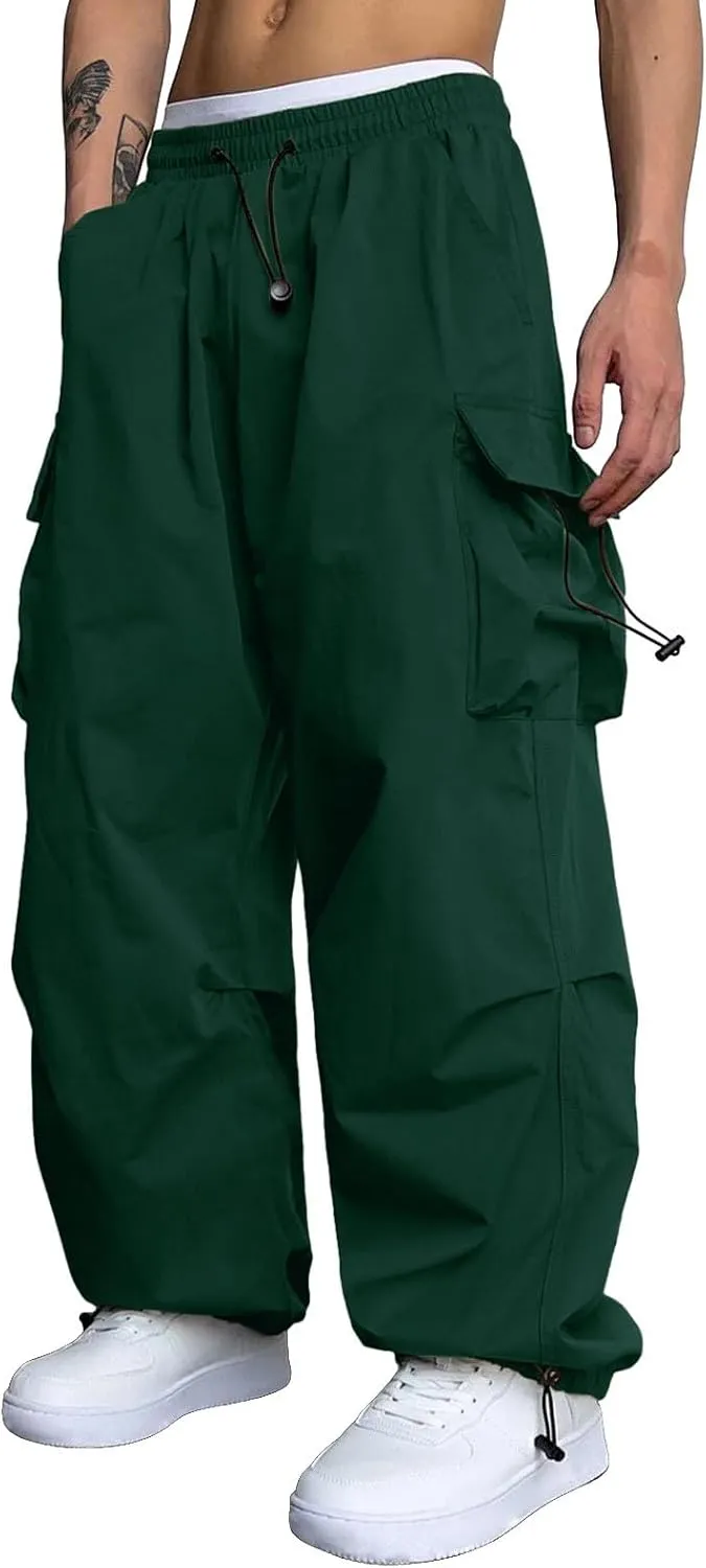 Men's Cargo Pants Casual Loose Fit Wide Leg Drawstring Waist Pant Outdoor Pants Multi Pockets