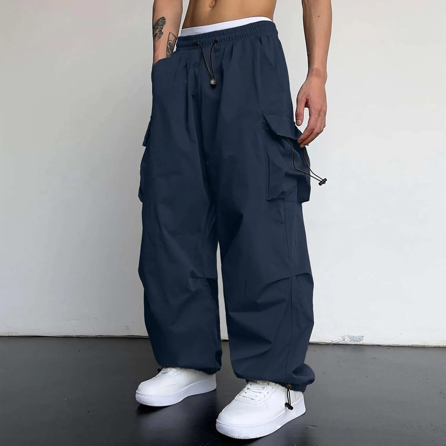 Men's Cargo Pants Casual Loose Fit Wide Leg Drawstring Waist Pant Outdoor Pants Multi Pockets