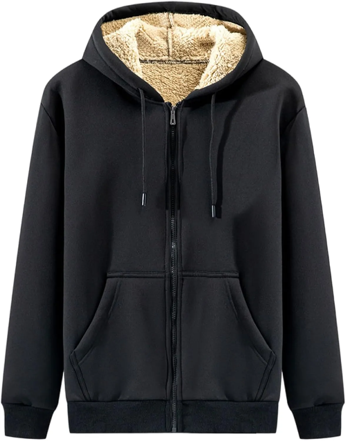 Mens Fall Winter Thickened Plush Cardigan Casual Zip Up Hoodie Jacket New Solid Drawstring Fleece Lined Hooded Coat