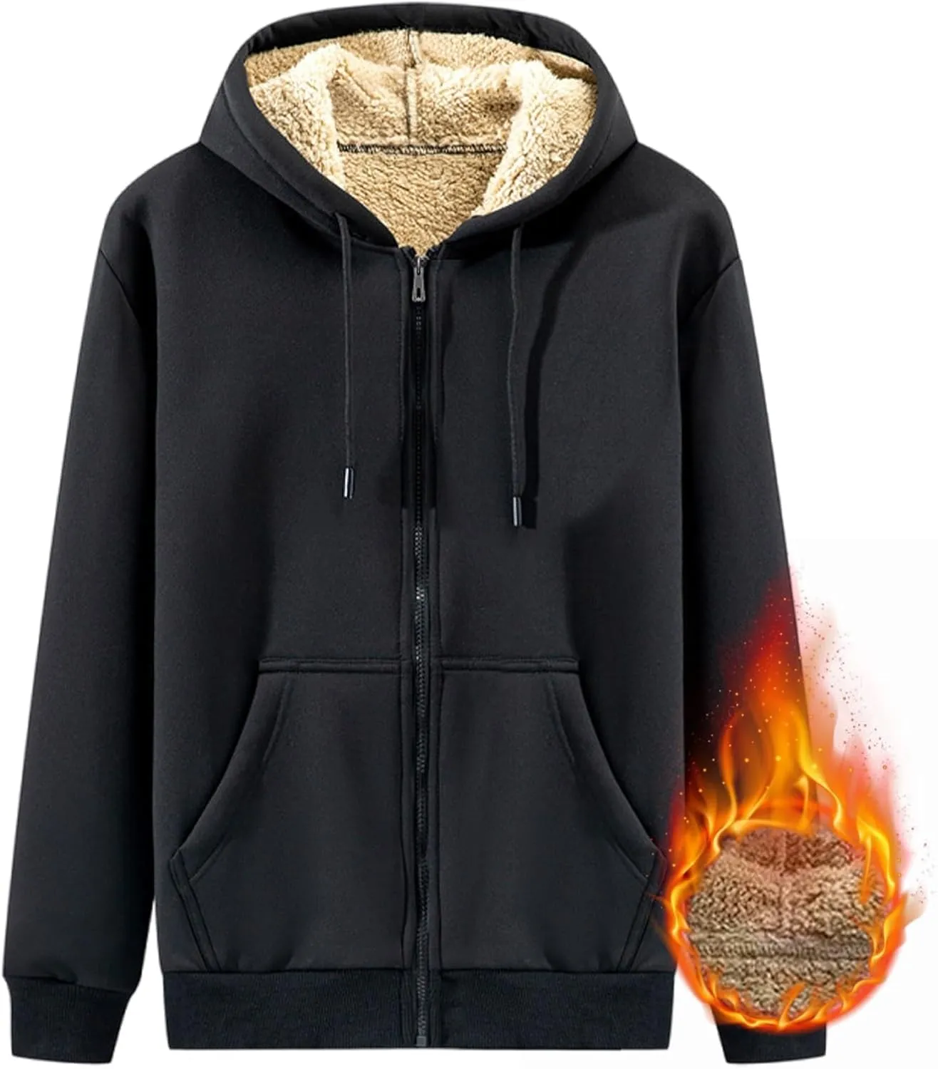 Mens Fall Winter Thickened Plush Cardigan Casual Zip Up Hoodie Jacket New Solid Drawstring Fleece Lined Hooded Coat