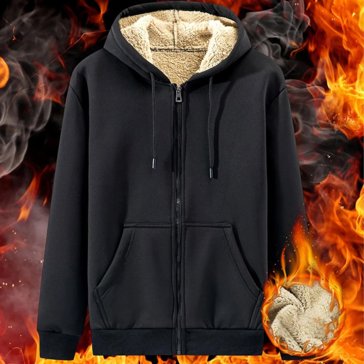 Mens Fall Winter Thickened Plush Cardigan Casual Zip Up Hoodie Jacket New Solid Drawstring Fleece Lined Hooded Coat