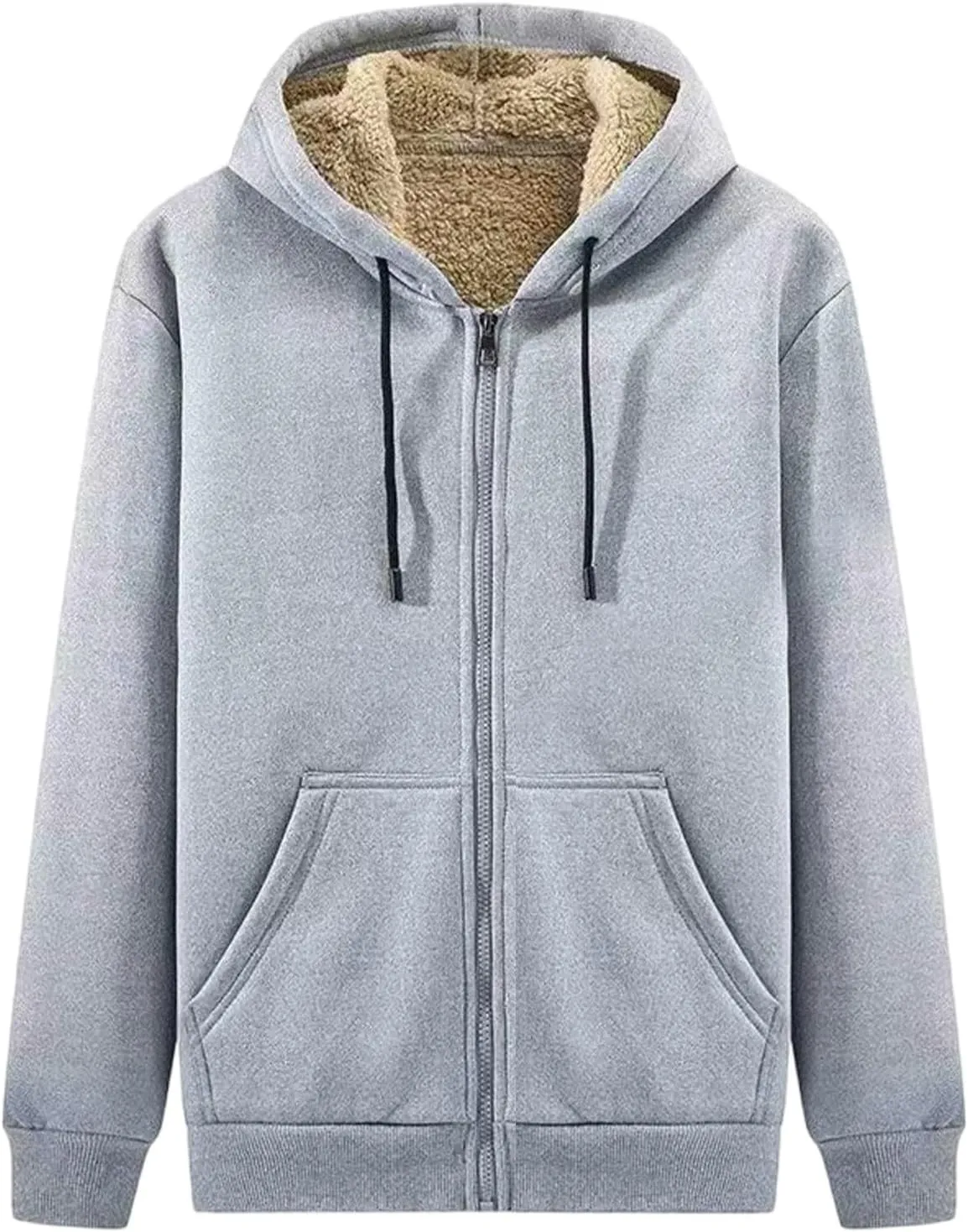 Mens Fall Winter Thickened Plush Cardigan Casual Zip Up Hoodie Jacket New Solid Drawstring Fleece Lined Hooded Coat