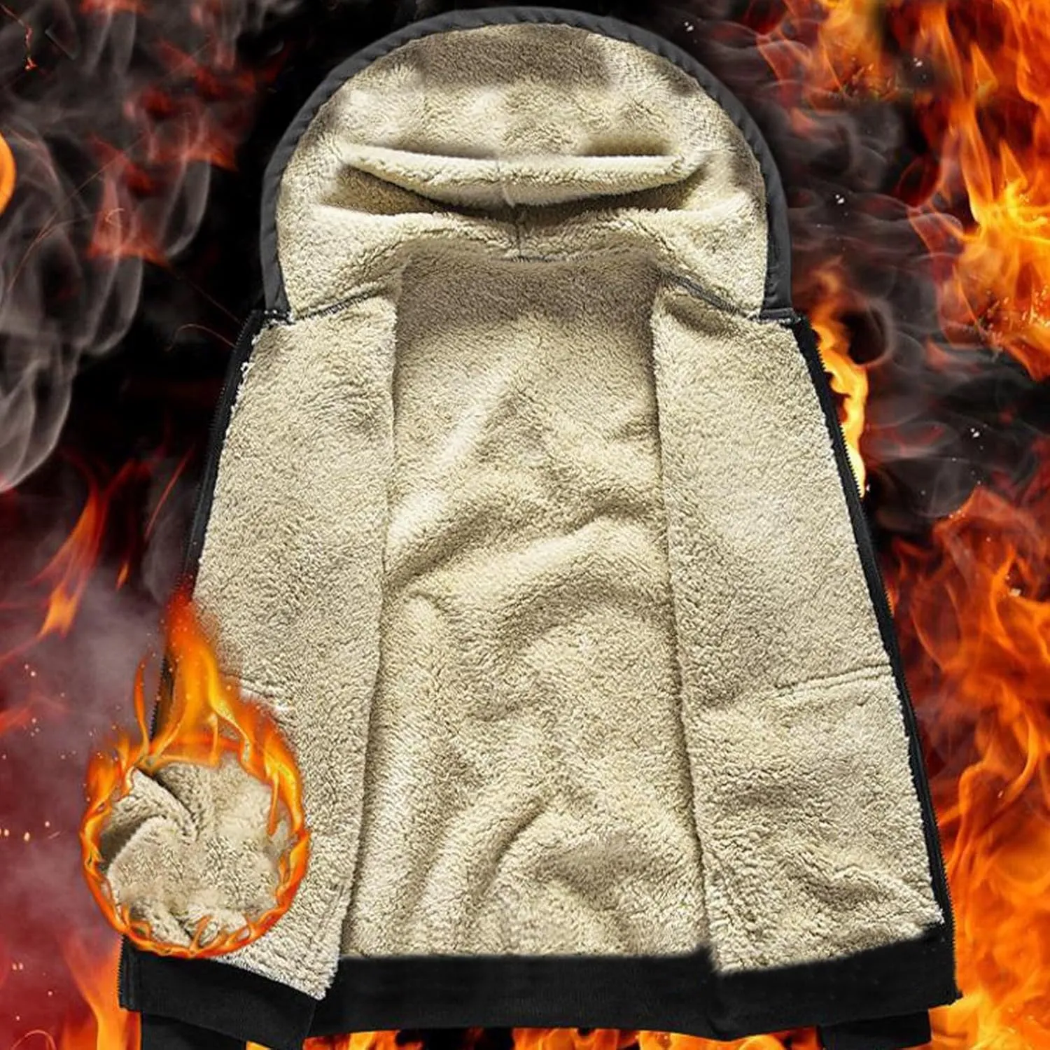 Mens Fall Winter Thickened Plush Cardigan Casual Zip Up Hoodie Jacket New Solid Drawstring Fleece Lined Hooded Coat